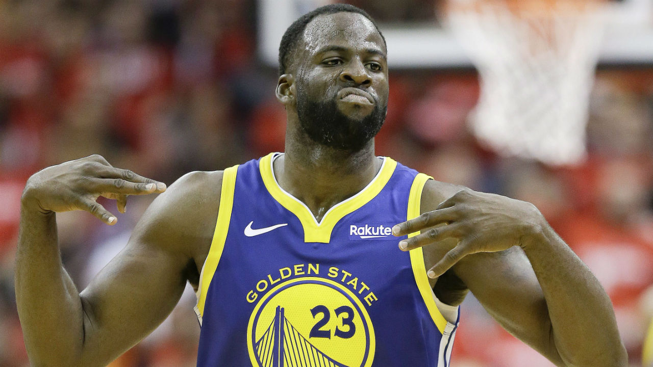 Golden State Warriors forward Draymond Green reacts after making a three-point basket during the second half of Game 3 of a second-round NBA basketball playoff series against the Houston Rockets, Saturday, May 4, 2019, in Houston. (Eric Christian Smith/AP)